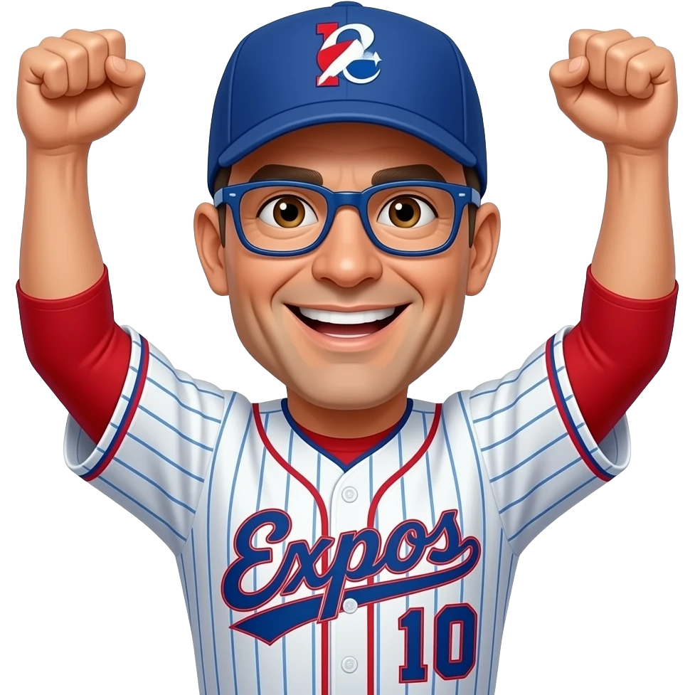Male, Brown eyes, square jawed ,no hair, thin blue glasses,50 years old, Montréal expos jersey, smiling showing teeth, cheering arms up emoji
