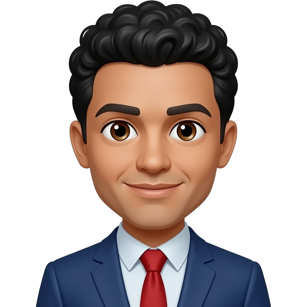 digital marking person head shot with blue suit and red tie short curls black hair brown eyes emoji