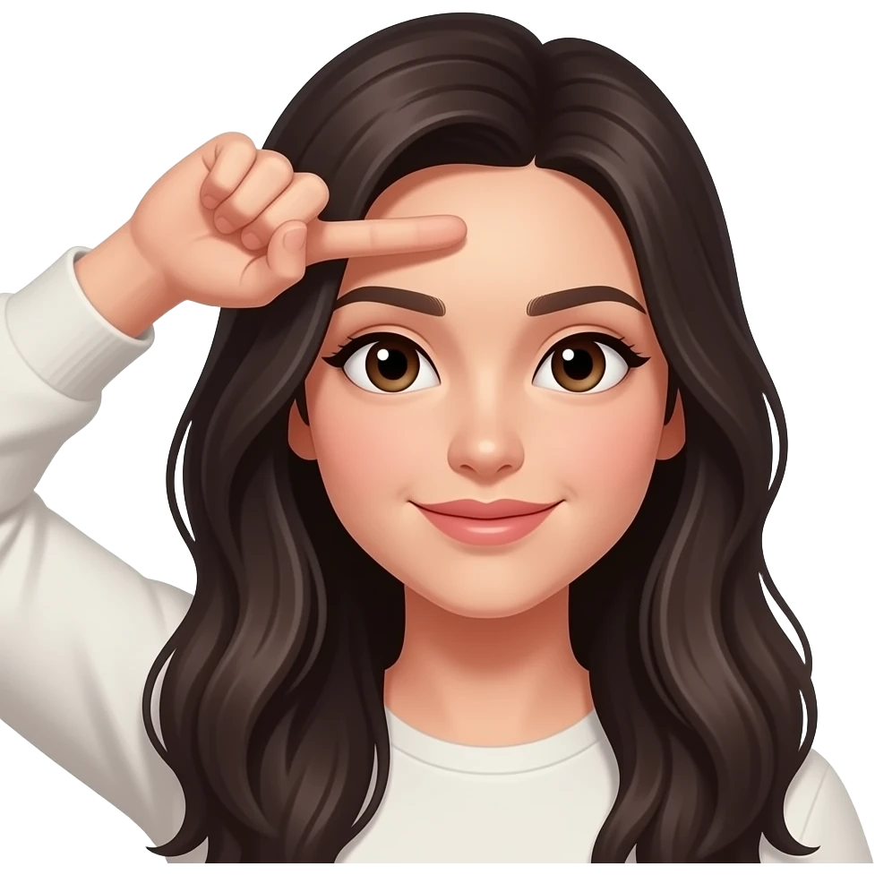woman with long dark hair and brown eyes making L shape with hand on forehead emoji