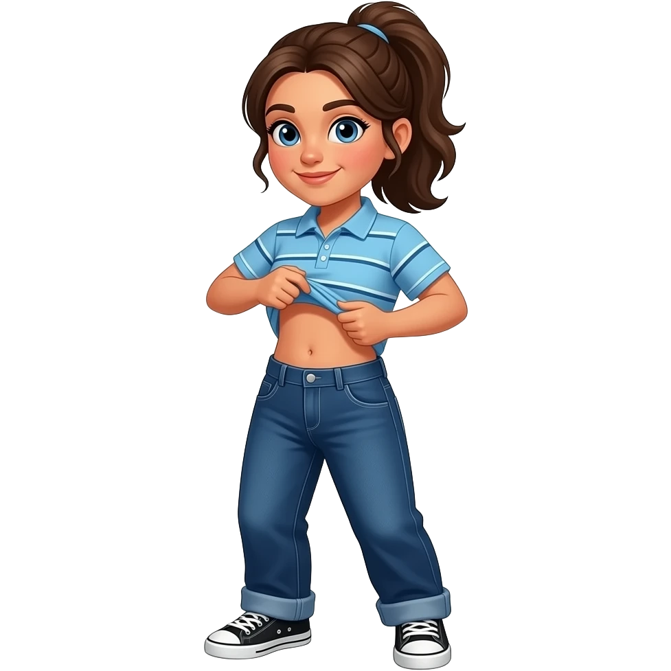 Hispanic girl with brown ponytail and blue eyes light blue dark blue lined polo and dark blue baggy jeans and belly button and black and white sneakers lifting her shirt funny belly trick emoji