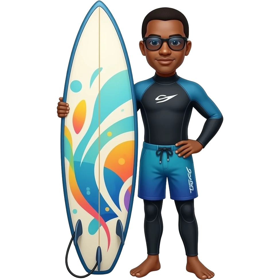 A chibi 3D render of a Black man in a wetsuit and swim trunks, holding a surfboard. He is wearing sunglasses and standing with one hand on his hip. The surfboard has a colorful abstract design emoji