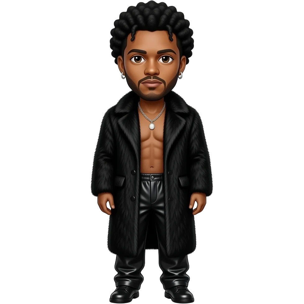 The Weeknd with dark brown eyes,  black afro hair, black fur coat, black chrome baggy pants, shirtless with necklace and earrings emoji