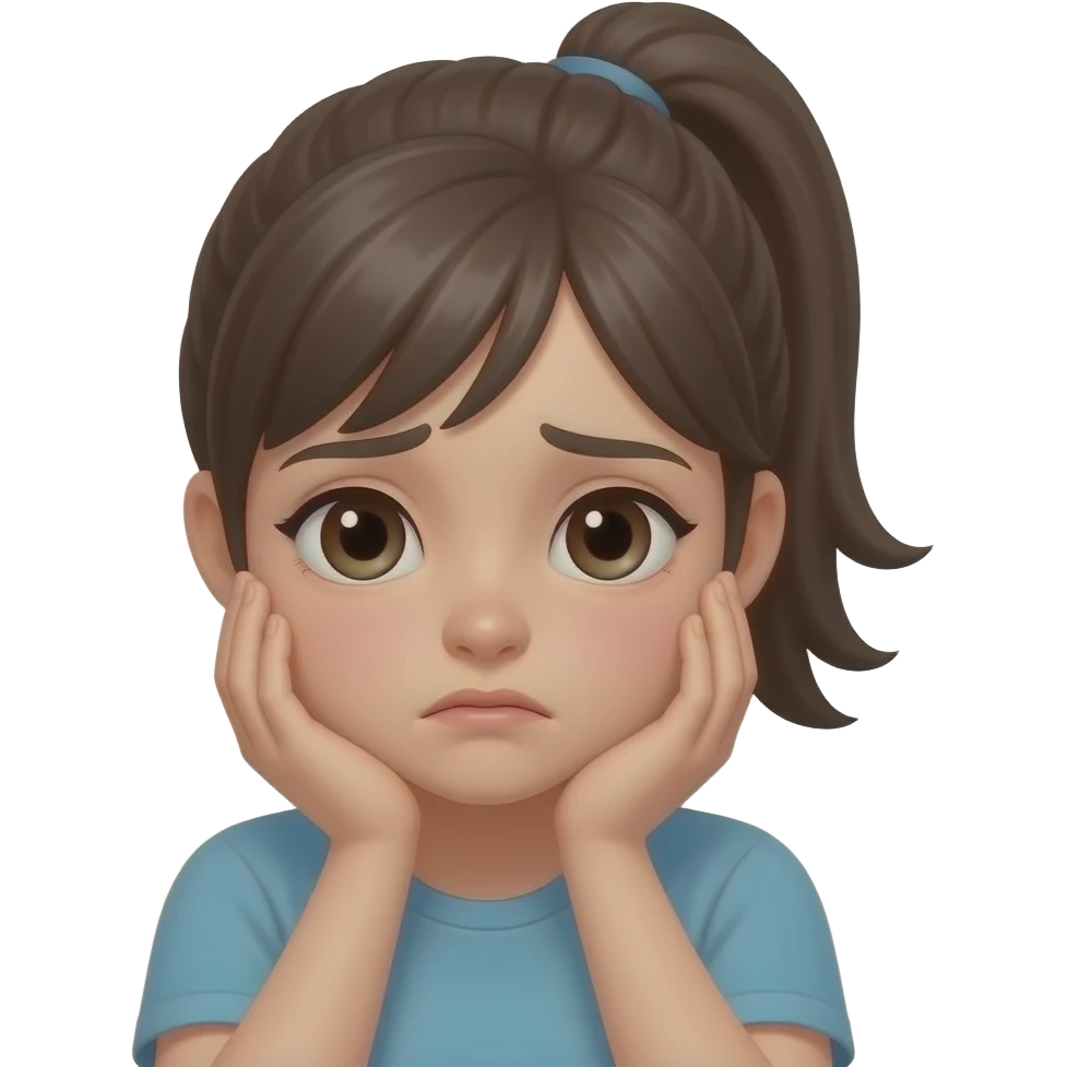 depressed pony tail girl emoji, head in hands, gloomy, front emoji