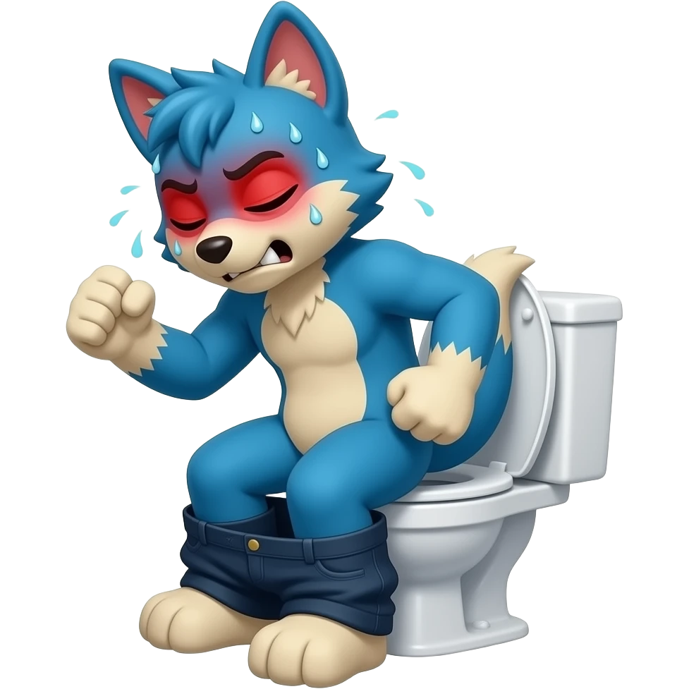 blue fursuit sitting on toilet, side view , pants down, pushing, eyes closed, straining face, pushing, sweating, red face, both fists, teeth emoji