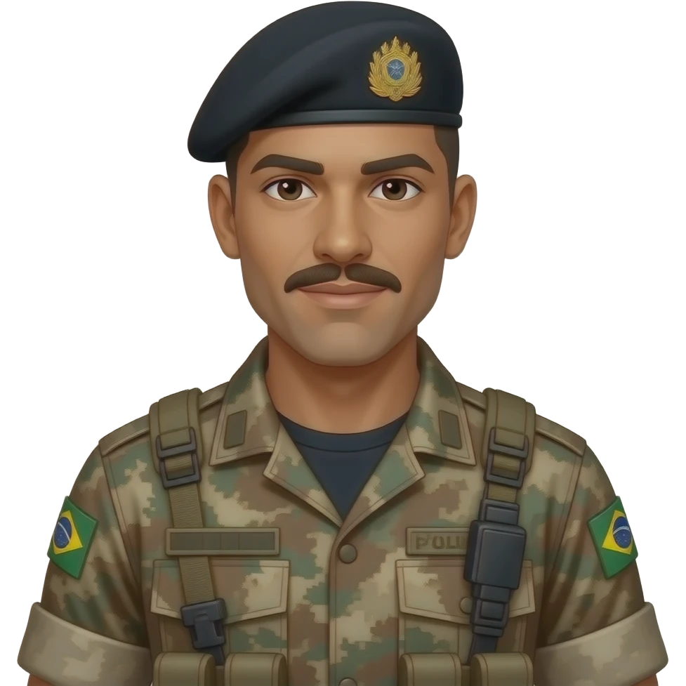 Sargento marcos Policial militar do Paraná masculino moreno escuro de bigode  com cabelo raspado de bigode  boina preta e farda tatica marrom e camiseta preta sem a s luvas de oficial por dentro da farda, sem detalhes em preto na farda por fora sem nehum prestando continência emoji