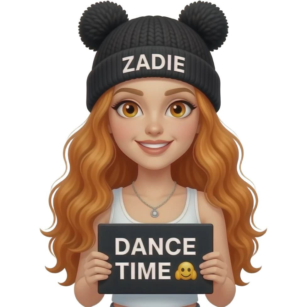 sexy girl with overlong wavy ginger hair and ginger eyes wearing a white tanktop and a black pom hat with ears with ZADIE written on it is holding a black sign with DANCE TIME 💃 on it emoji