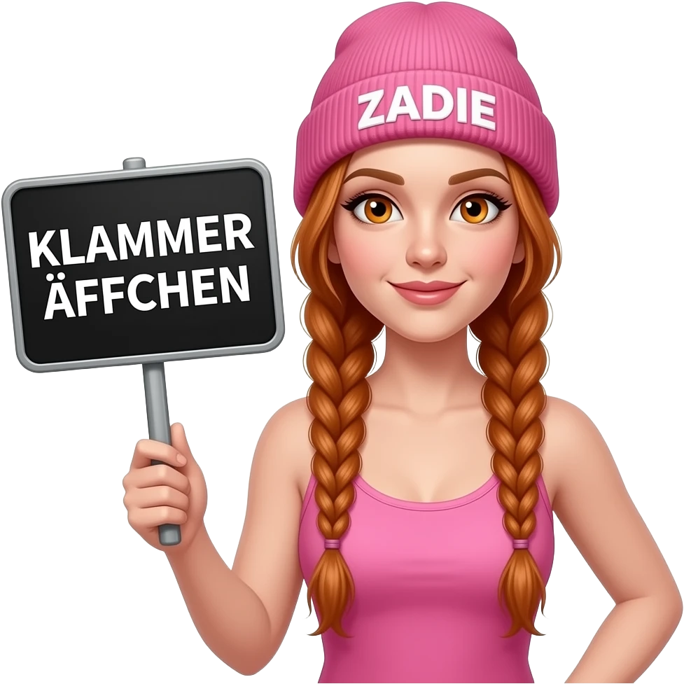 sexy girl with overlong ginger braids and ginger eyes wearing a pink tanktop and a pink beanie with ZADIE written on it, is holding a black sign with KLAMMER ÄFFCHEN written on it emoji