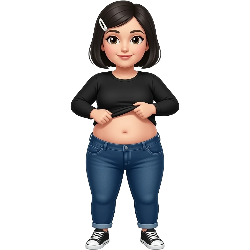 White woman with black short hair, white hair clip on the left of her hair, plain black long sleeve shirt, dark blue jeans, white and black sneakers, and a chubby body lifting her shirt to show her clean chubby belly emoji