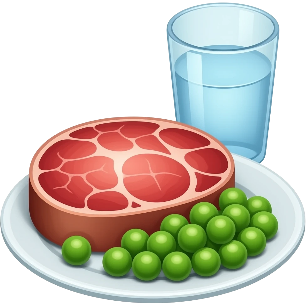 plato de carne roja con guisantes y un vaso de agua emoji