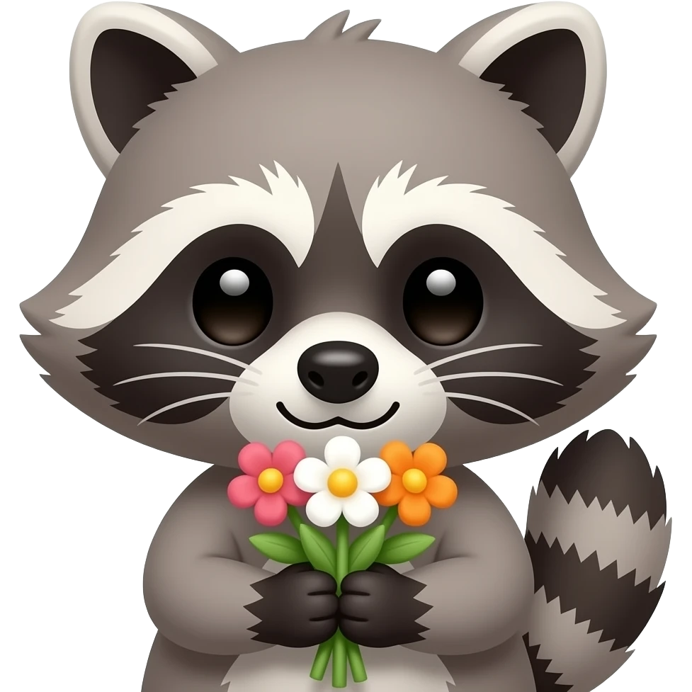 a simple bust shot of a cute racoon holding flowers emoji