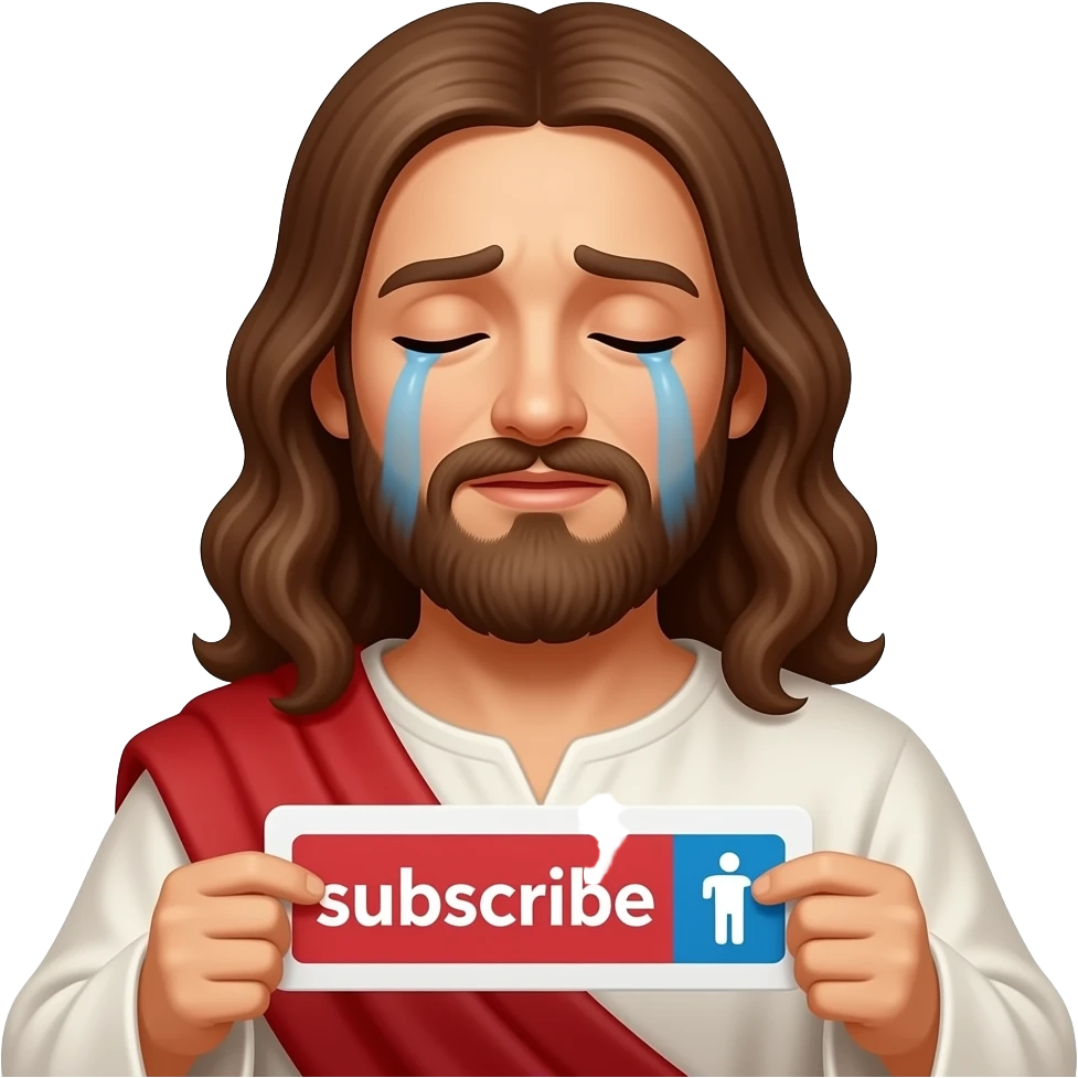 Jesus segurando chorando, com plaquinmha de subscrib emoji
