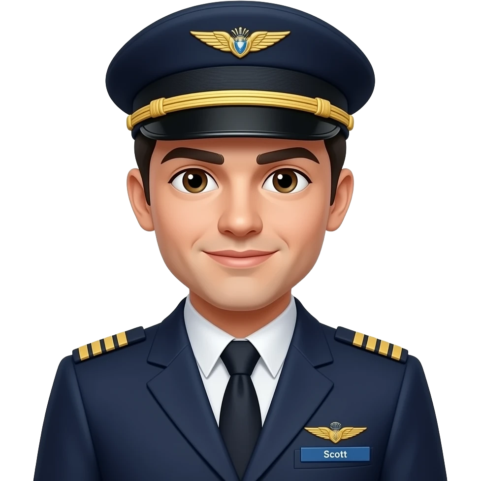Pilot w blazer Black hair white skin brown eyes with hat and name badge under wing badge “Scott” emoji