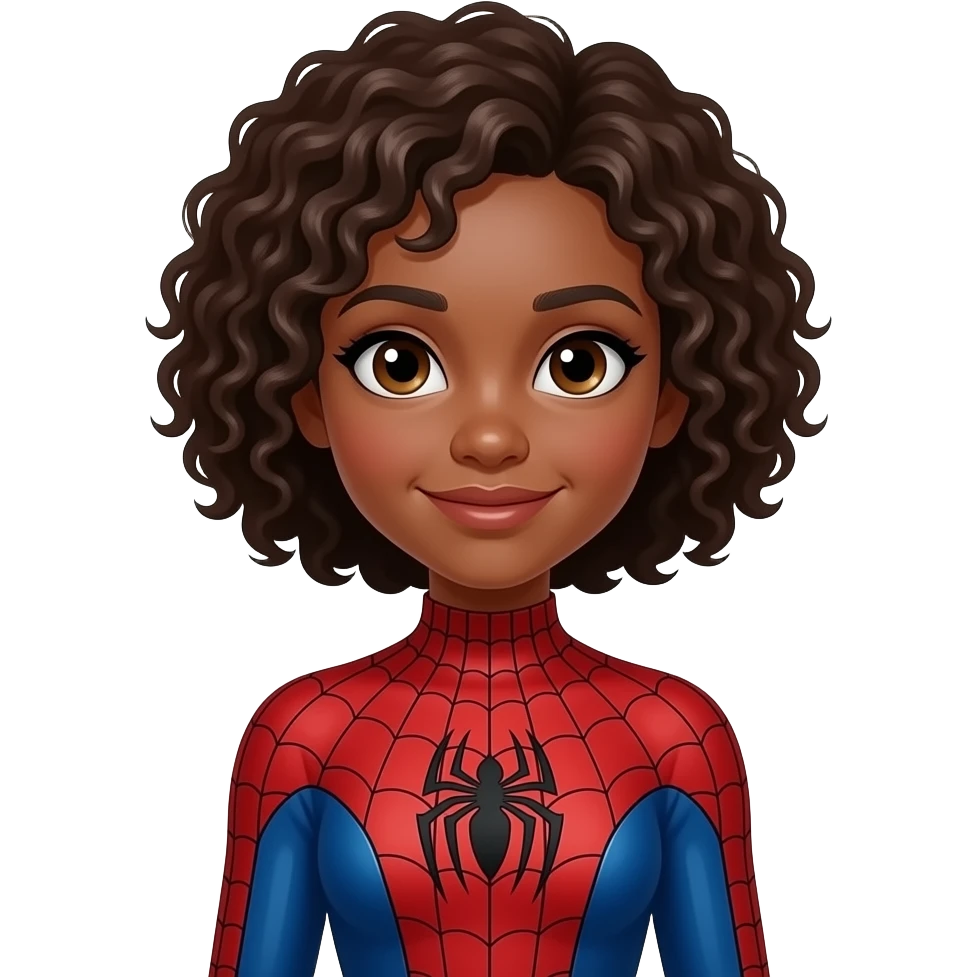 Curly brown hair girl, brown skin, wearing spiderman costume emoji