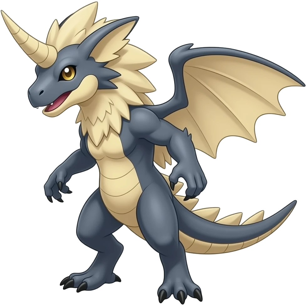 Raptorik scaley feathery horned Amaura-Wargreymon-Aurorus-ExVeemon-WereGarurumon-Pokémon-Fakémon-hybrid-fusion-creature, full body emoji