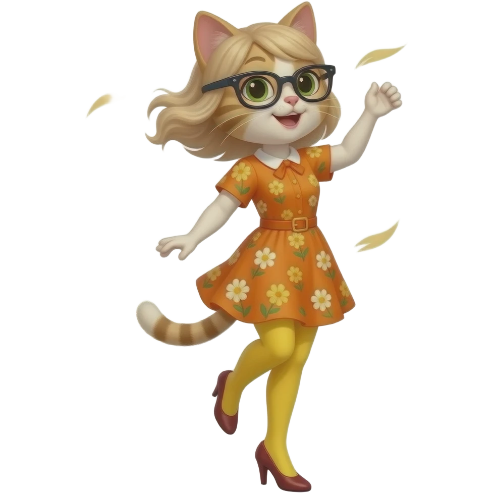 Mrs.Kat(Teacher(Orange-Yellow Mother Cat Of Kat(With Orange Short Dress With Yellow Flowers Without Plants Without Sleeves With Tiny Orange Belt With Yellow Flowers Without Plants, Dark Red High Heels Shoes, Black Eyeglasses And Visible Yellow Shorts(Like Leggings))))Marilyn Monroe Wind Lift. emoji