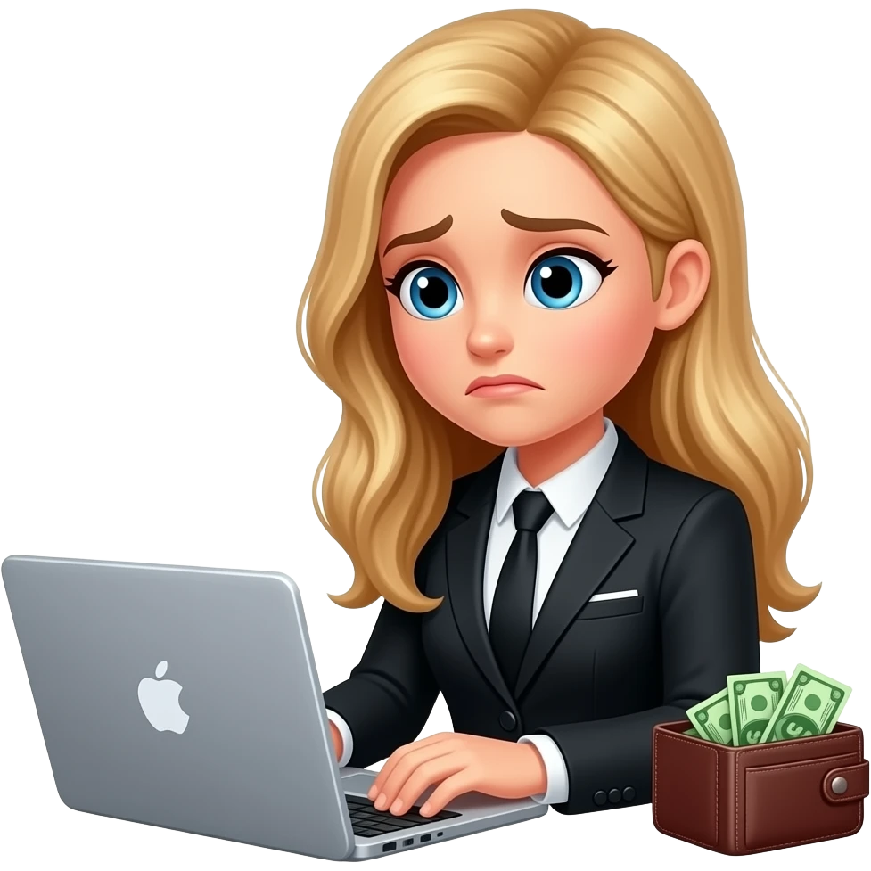 a girl-with long blond hair-working at a laptop--in a black business suit-disappointed because there is no money-smileys money emoji
