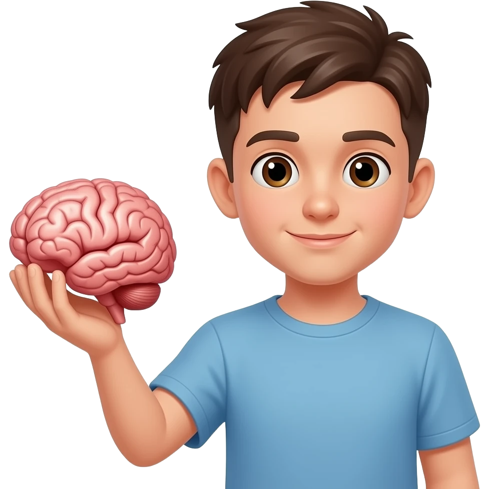 Shaved boy with brown eyes holding a brain in his hand emoji