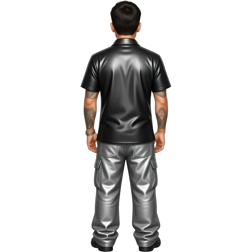 Chino Moreno from behind with black metallic shirt, gray metallic baggy pants emoji