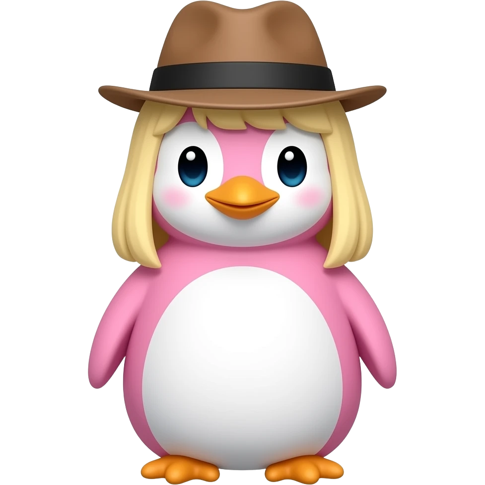 pink penguin with blond straight hair and fedora hat emoji