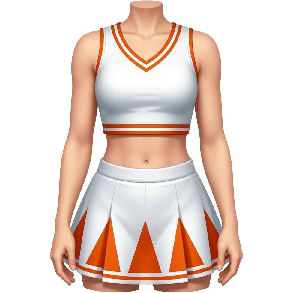 She is wearing a white cheerleader uniform with prominent orange accents. The top is a sleeveless tank style with a V-neck and  thin orange band circles the waist area. The skirt is short, pleated, and features a geometric pattern of orange triangles alternating with white sections emoji