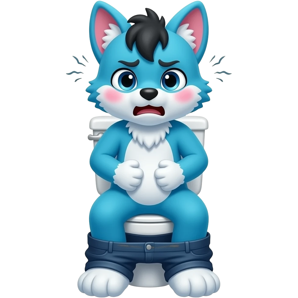 blue fursuit sitting on toilet, front view, pants down, straining face, blushing face, pain, pushing, both hands on stomach, discomfort, grunting, emoji