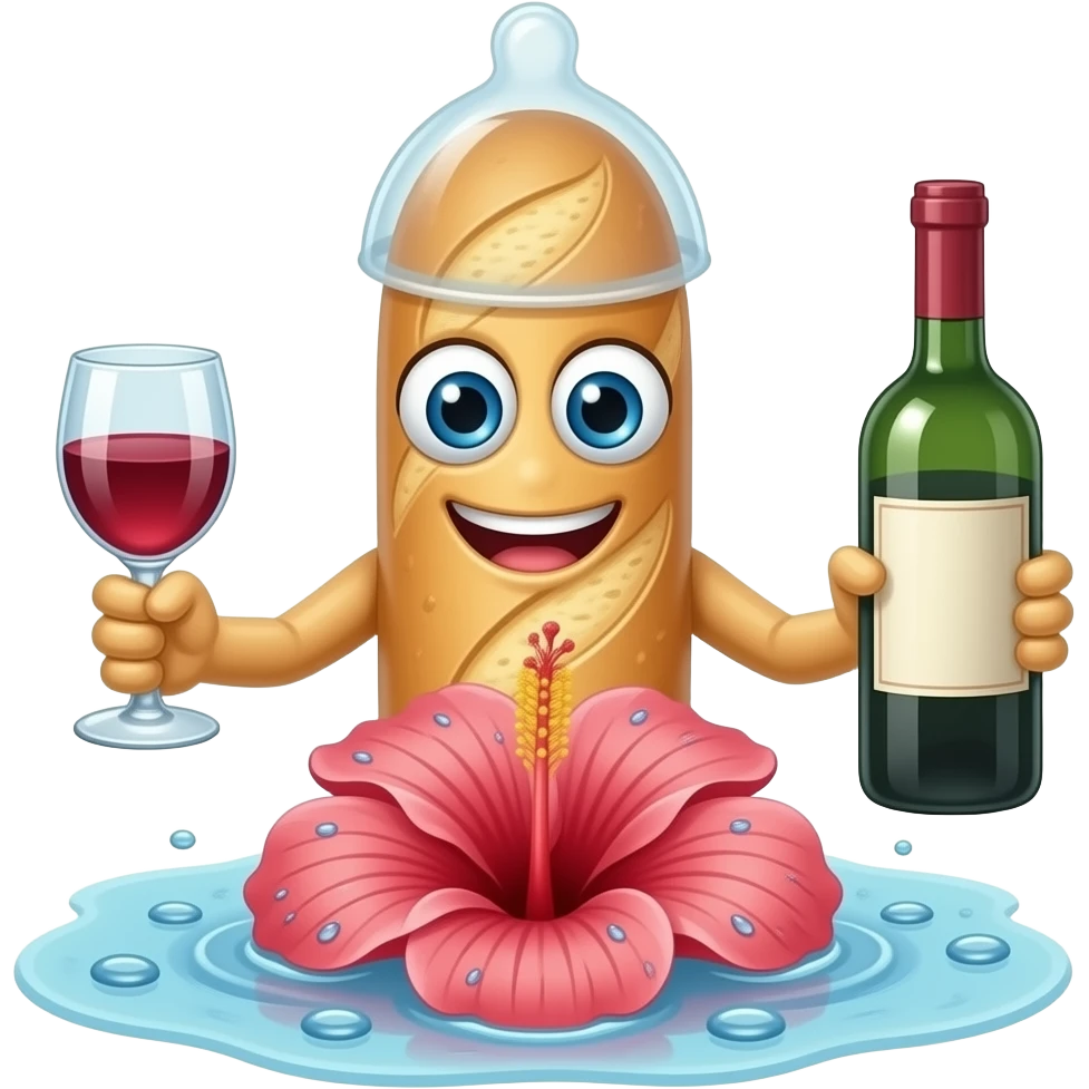 Longue Baguette avec une bouche, des yeux et des bras. Elle a un preservatif sur le haut de la tete et une bouteille de vin dans la main. L'autre main a deux doigts tendus et collés touchant le centre d'un hibiscus qui a des gouttes d'eau autour emoji