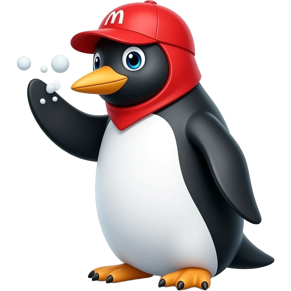 Un pingouin qui un enlève le pingouin rouge avec un M rouge sur sa tête emoji