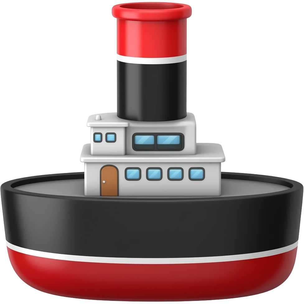 Small 2 funnel paddle steamer with red on the funnel tip and black for lower funnel and upper hull. red for lower emoji