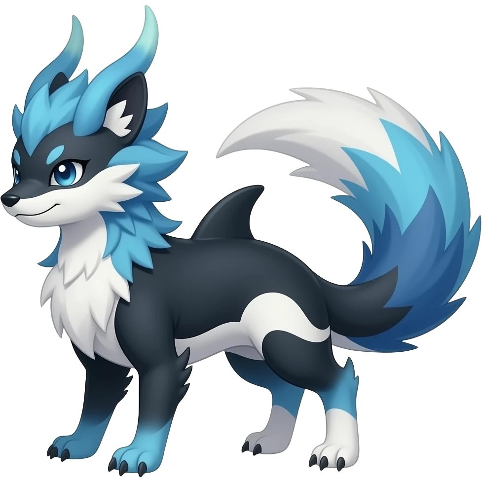 Bluish blackish whitish greyish gradients Absol-Amaura-Aurorus-Vulpix-hybrid with orca tail emoji