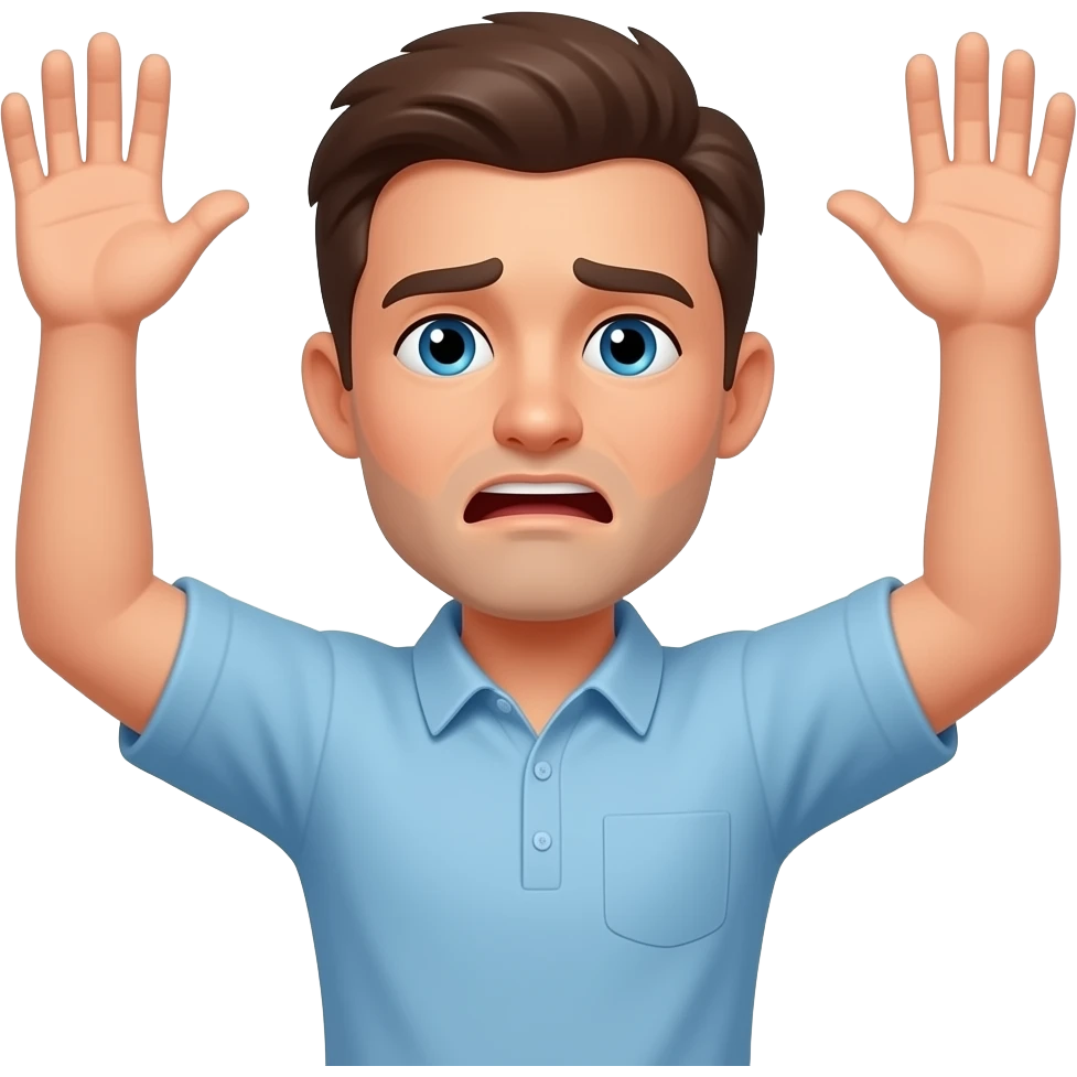 Guy with both hands up, like surrenduring emoji