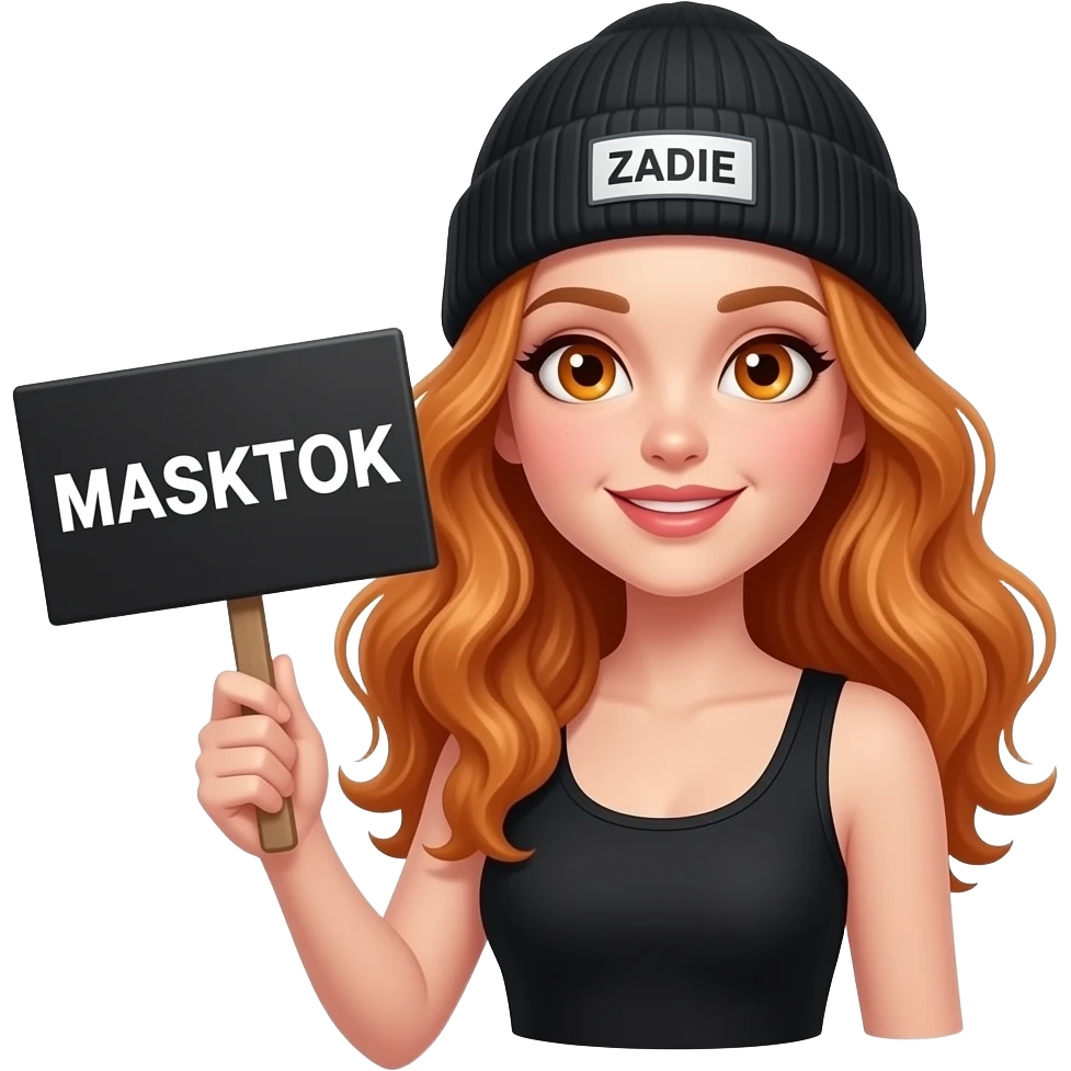 sexy girl with overlong wavy ginger hair and ginger eyes wearing a black tanktop and a black beanie with ZADIE written on it, is holding a black sign with just MASKTOK on it emoji