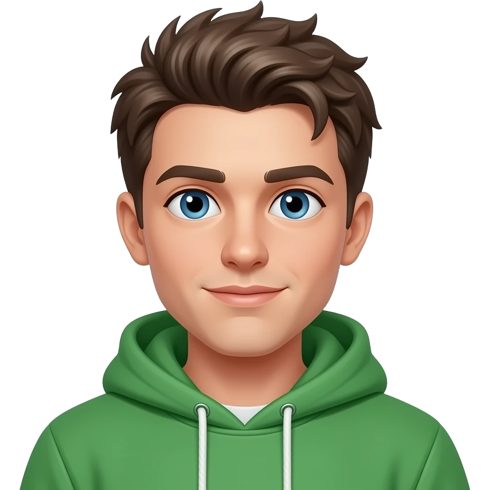 yound gay, green hoodie, blue eyes hoodie on head, unkempt hair, younger 21 yers old emoji