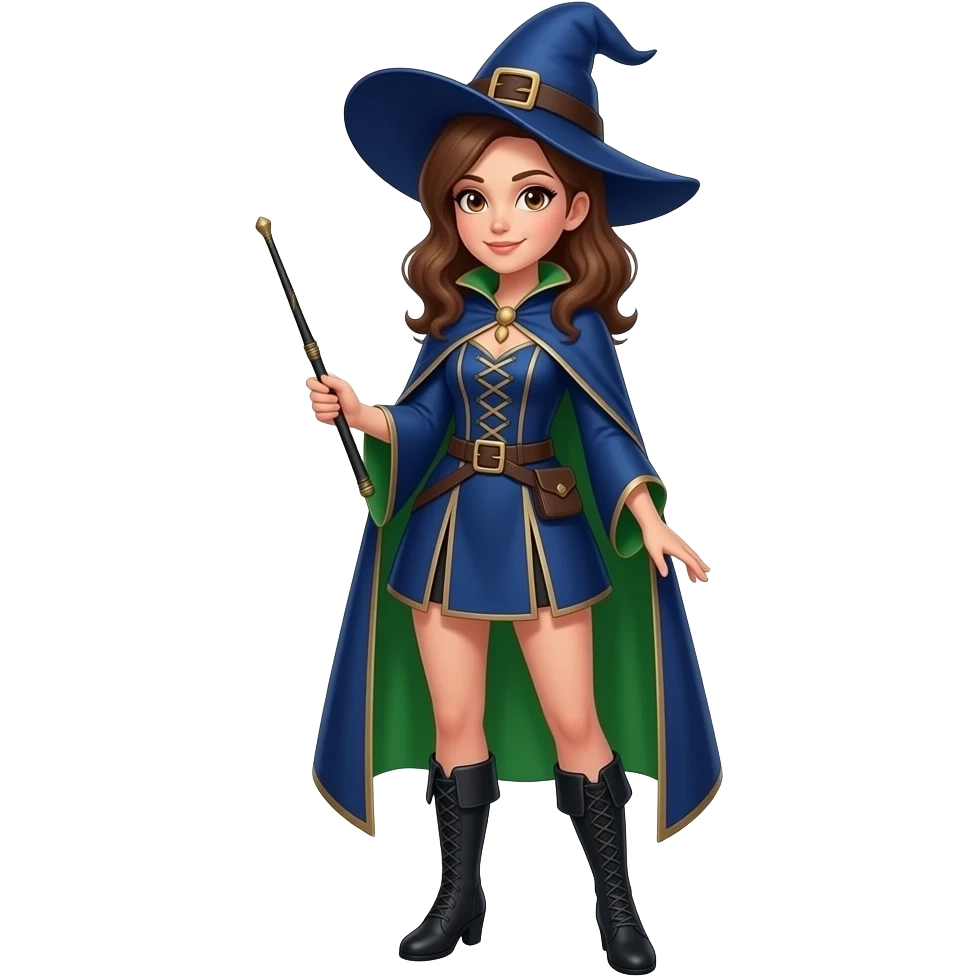 A full body White/Fair skinned woman with brown hair and brown eyes and wearing a Blue and green Witch outfit with black ankle boots and holding a black wand. emoji