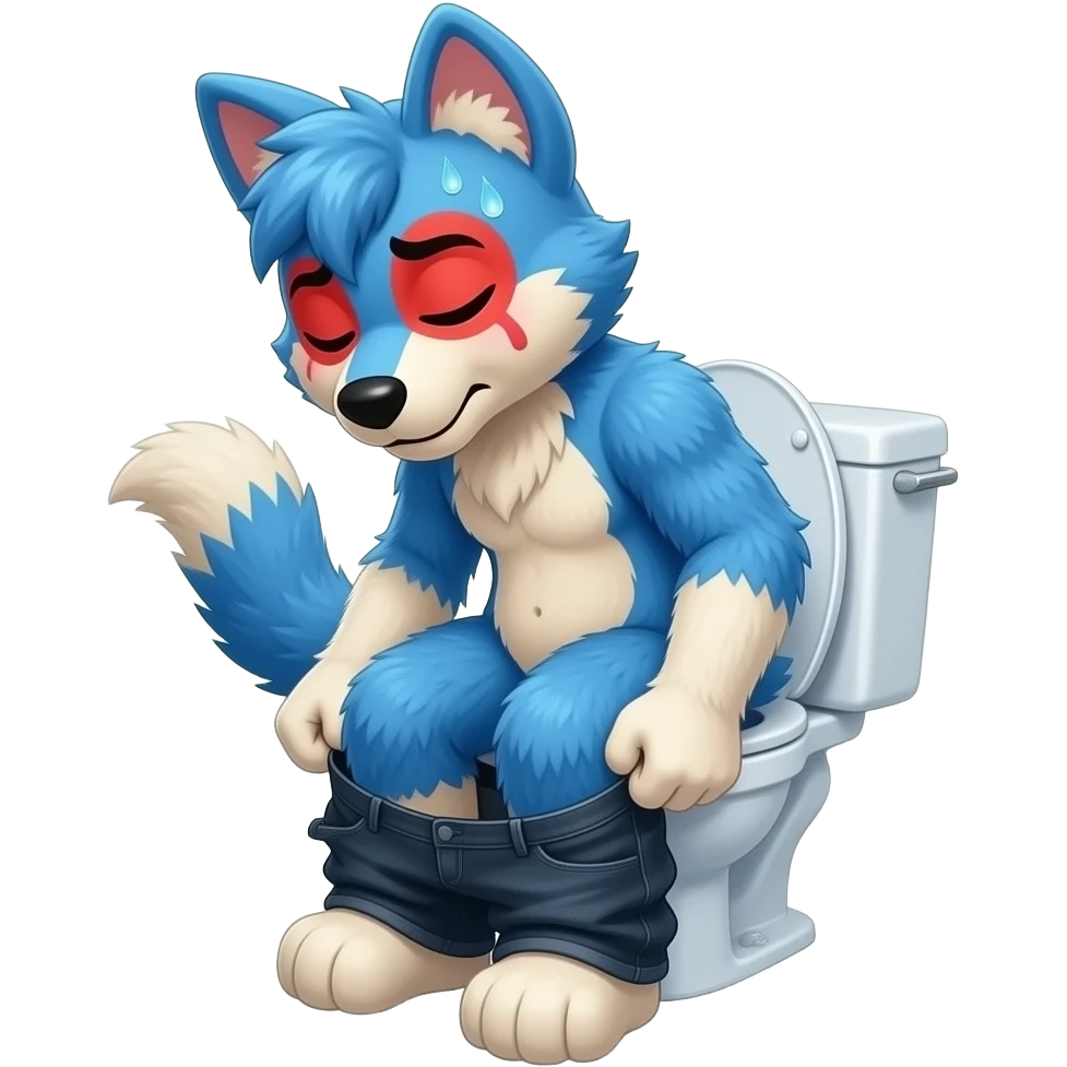 blue fursuit sitting on toilet, side view , pants down, pushing, eyes closed, straining face, red face, sweating, pushing emoji