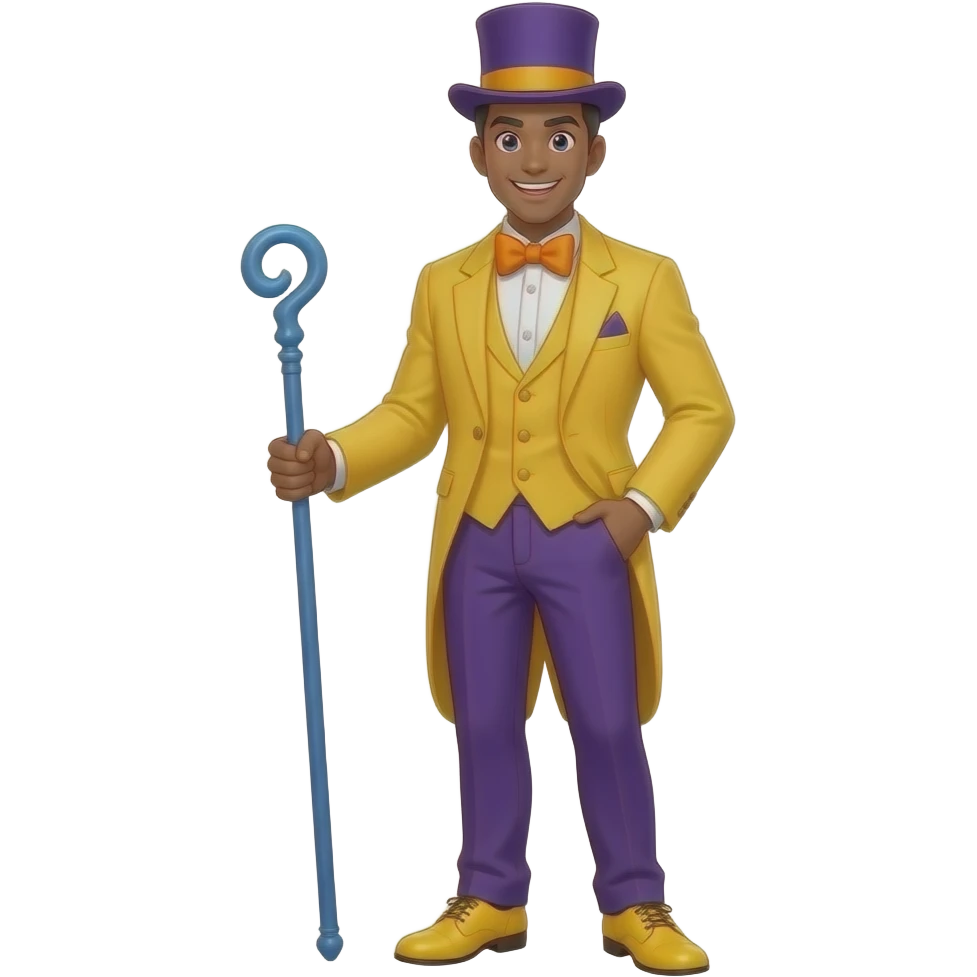 Anime men brown skin look happy yellow dress suite and purple pants purple top hat yellow dress shoes orange big bow short blue staff very tall full body emoji