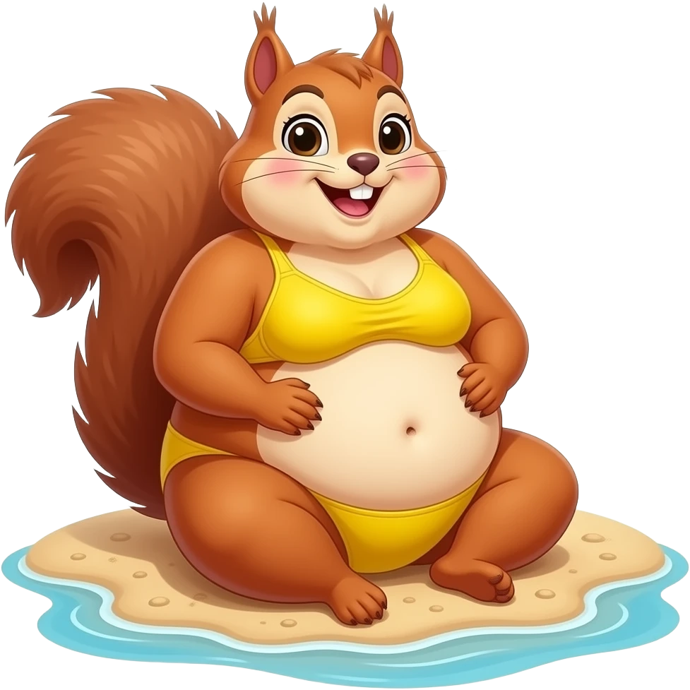 The female squirrel enjoys the beach holiday in her swimmers,but she is so full from a lunch break that she is about to burst,Then her fat Tummy rolls & drops out,she will just lay on her back in the shallow cool water,her gluttonous bellybutton promotes a good resort business. emoji