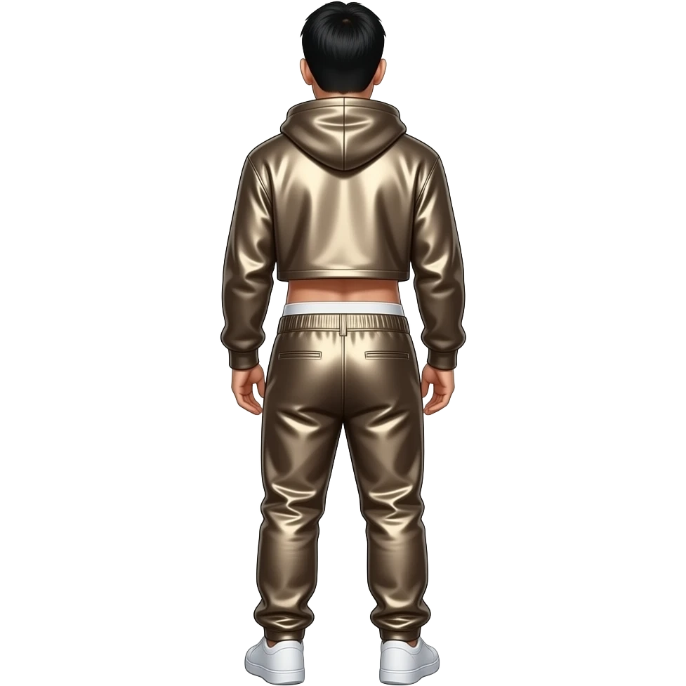 Mike Shinoda from behind with dark beige metallic sweatshirt crop top, dark beige metallic saggy pants with white undies emoji