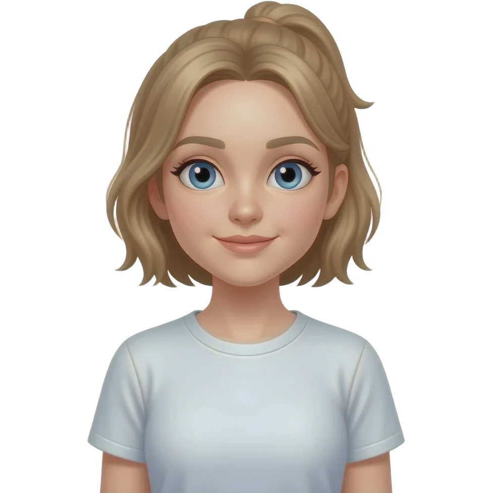 a girl who has  with a t shirt and  short,pony tai ,no brown spots , dirty blonde  brown hair , blue eyes , short, and a belly shirt emoji