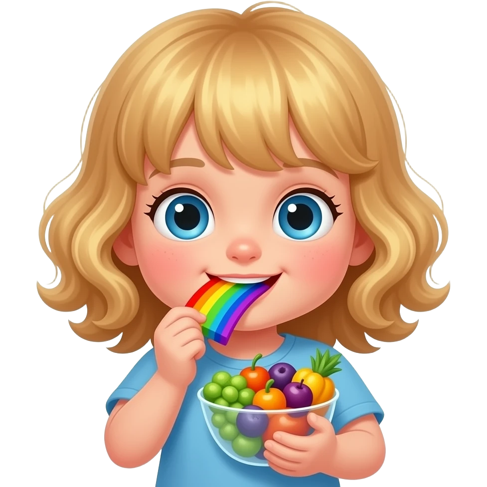 white kid blue eyes mid length hair to shoulders with bangs soft curly hair to shoulders in color: middle to little darker blond. eat the rainbow, in a fun way, for picky toddlers. try eating new things.  explore flavoures emoji