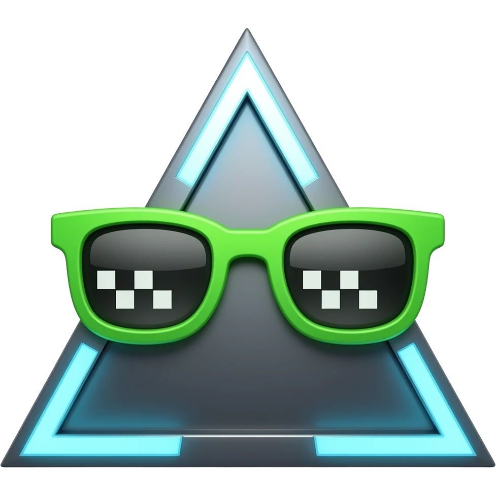 Minimalist vector icon of a futuristic triangle wearing green pixelated sunglasses, matrix digital rain background, bold outlines, simple colors emoji