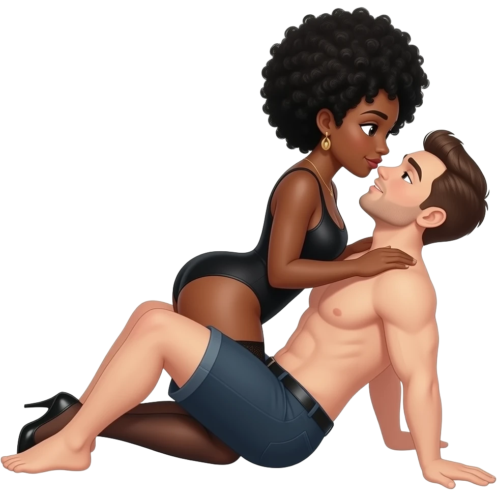 A sexy black woman with black hair color Afro having sex with white man with brown hair short pony tail in missionary position emoji