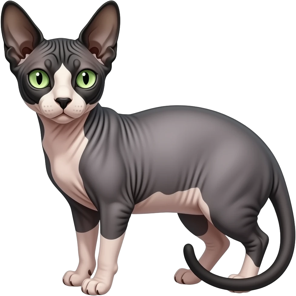 black and white Sphynx cat with green eyes emoji