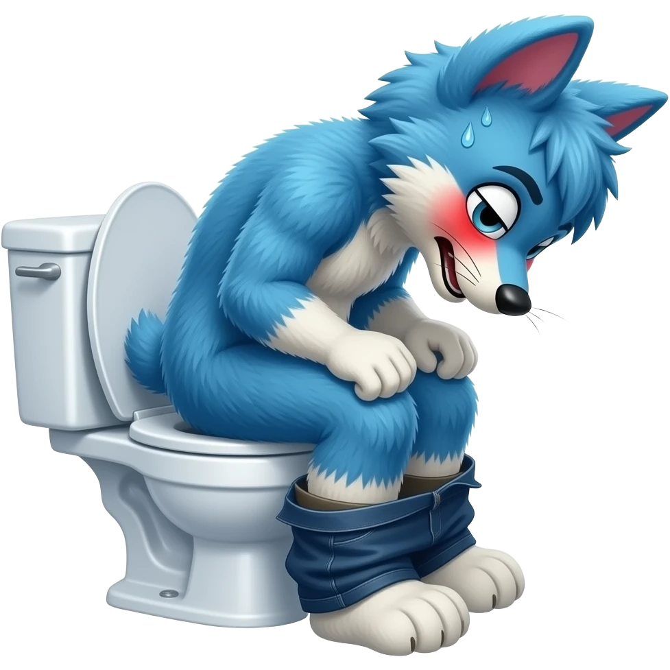 blue fursuit sitting on toilet, side view, pants down,  straining, red face, sweating emoji