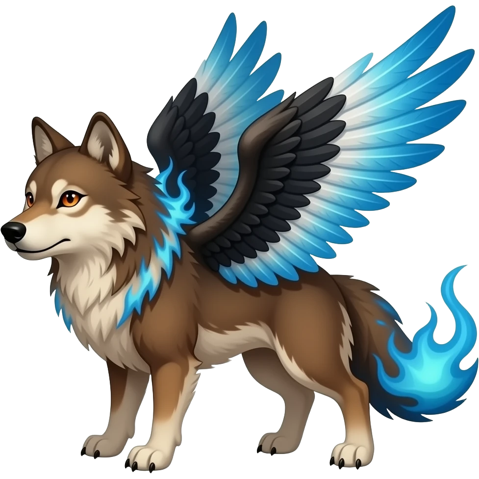 A large russet brown wolf with orange eyes, black white and blue wings, blue flames in the fur and THREE tails emoji
