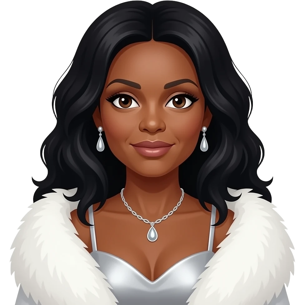 Diana Ross with dark brown eyes, long black hair, white fur shawl, silver dress, necklace and earrings emoji