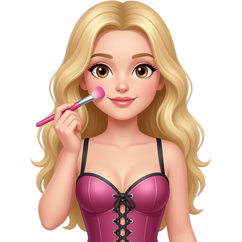 Menina loira de cabelo longo loiro ondulado e olhos castanhos se maquiando com pincel rosa e usando um corset emoji
