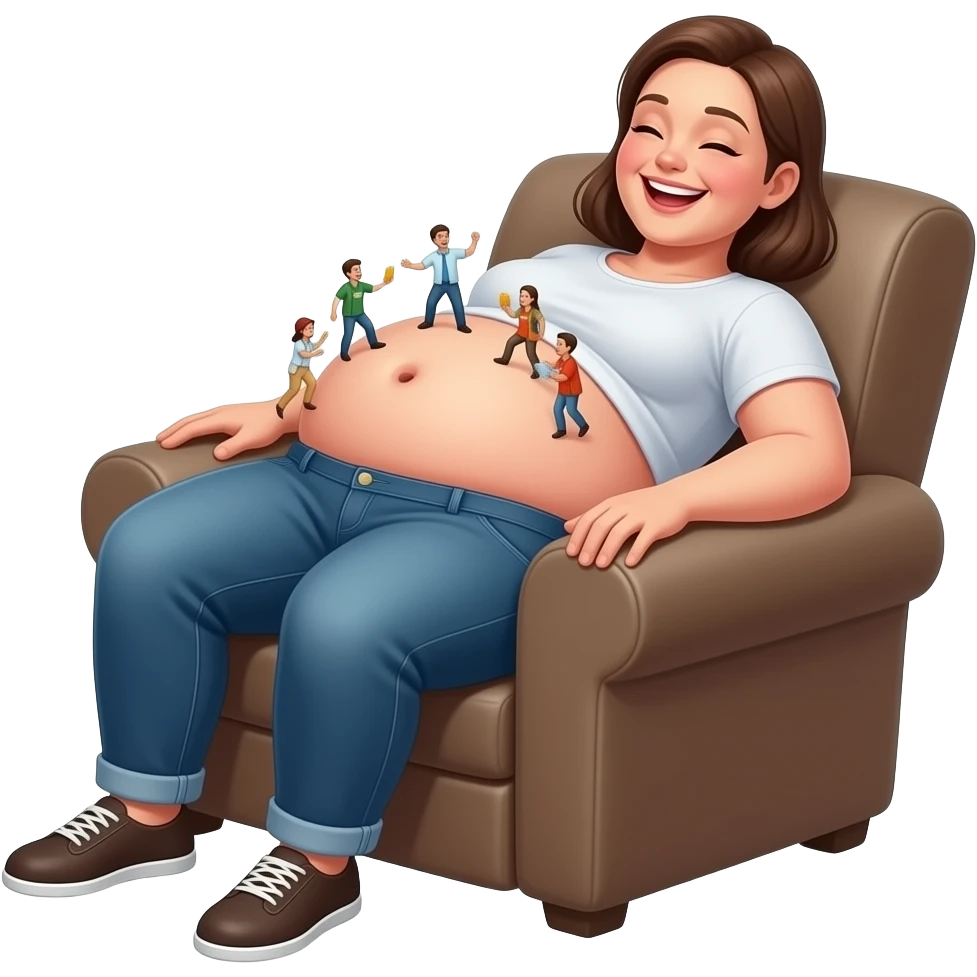 A female giant rests on a recliner sofa,with friendly gentle manner she hangs out her overfed rotund exposed belly,so the tiny volunteer admirers can use the girl’s vulnerable belly to bounce on,The female giant giggles because her bellybutton is ticklish. emoji