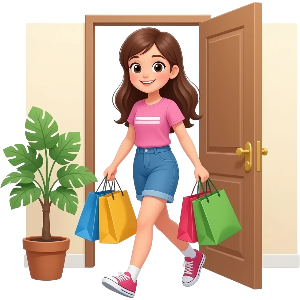 teen girl long hair, walking into house with bags emoji