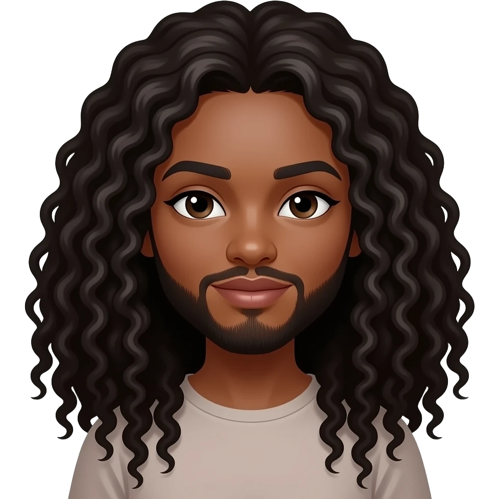 pele negra clara, rosto feminino, cabelo longo cacheado e barba emoji