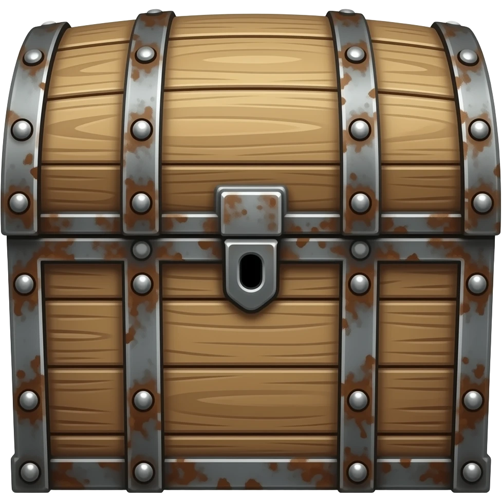 hyper-realistic, Plain looking battered wooden chest with iron straps, closed, facing forward emoji